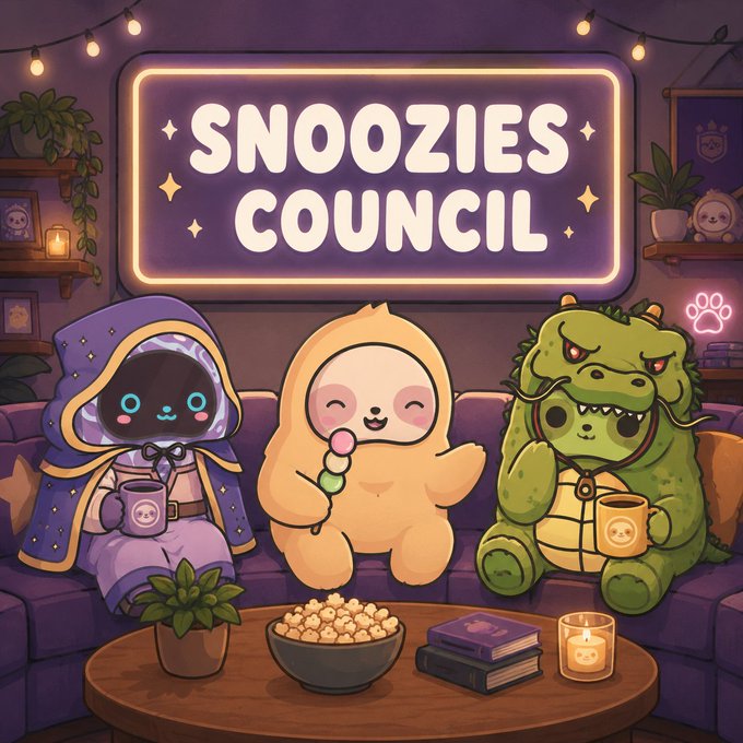 A cartoon illustration showing three cute characters sitting on a couch beneath a glowing sign that reads 'SNOOZIES COUNCIL'.