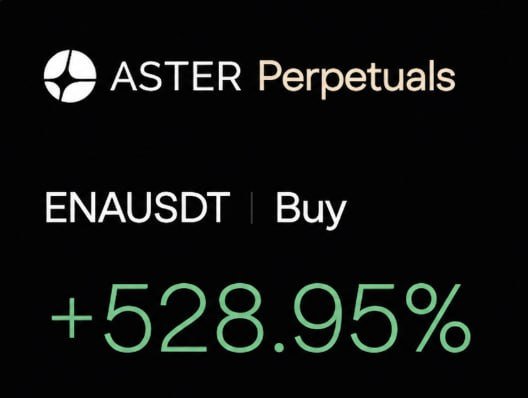 A black promotional graphic for 'ASTER Perpetuals' showing a buy position for ENAUSDT with a significant gain of +528.95% displayed in green text.