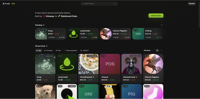 Screenshot of a trading platform called 'Peeb' built by Uniswap for Robinhood Chain, displaying trending and launching token categories with various memecoins including 'frog', 'pooh.trade', 'Unicorn Pegasus', and 'Unifrog'.