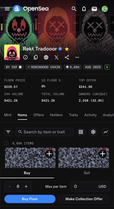 An OpenSea listing for the "Rekt Tradeoor" collection on Robinhood Chain shows a floor price of $239.57 and a top offer of $241.96 across 6,896 items, suggesting potential upside toward the poster's optimistic 1 ETH target.