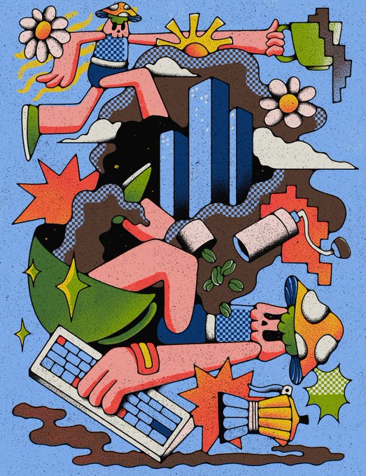 A colorful, abstract digital illustration features a fragmented figure surrounded by surreal elements including daisies, a coffee cup, a keyboard, and a fish on a speckled blue background.