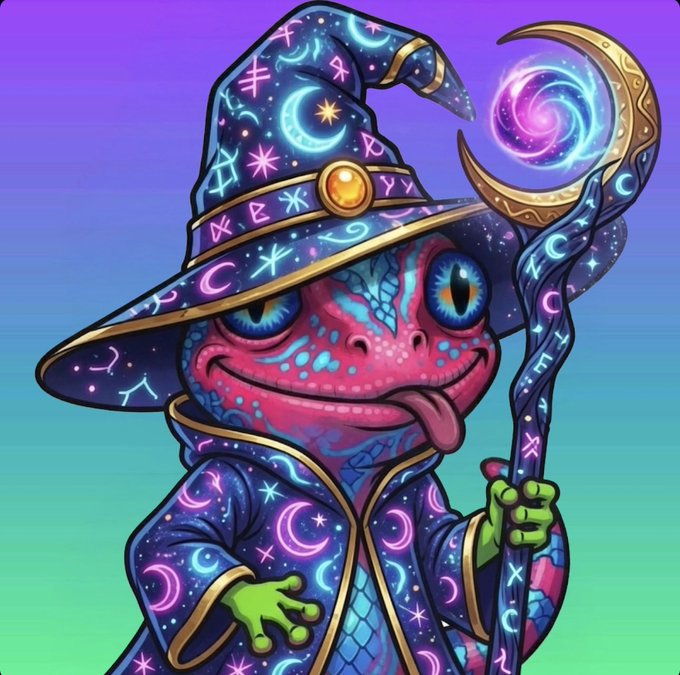 A vibrant digital illustration of a colorful chameleon-like creature wearing a wizard hat covered in glowing runes, holding a crescent moon staff with a swirling galaxy orb.
