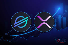 The image features two logos - one for Ripple cryptocurrency and another for XRP cryptocurrency. The Ripple logo has a blue circle with a green "S" inside, while the XRP logo also has a blue circle with a green "S", but instead of an "X", there is a purple "R". Both logos are positioned on a dark blue background that includes lines and arrows pointing upwards towards a line of bars. The text in the image reads: "XRP" and "Ripple" are displayed above each logo, indicating their respective cryptocurrency brands.