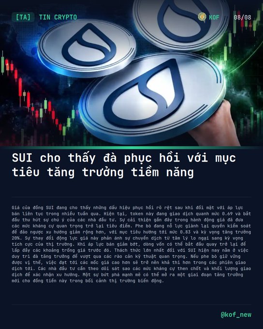 A Vietnamese crypto news graphic from 'KOF' (08/08) with the headline 'SUI cho thấy đã phục hồi với mục tiêu tăng trưởng tiềm năng' (SUI shows recovery with potential growth target), featuring an image of stacked SUI coins against a candlestick chart background, with detailed Vietnamese text below discussing the token's rebound.