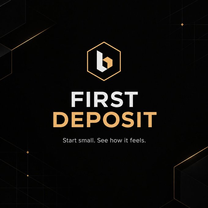 A sleek dark promotional banner with a gold hexagonal logo reading 'FIRST DEPOSIT' and the tagline 'Start small. See how it feels.'