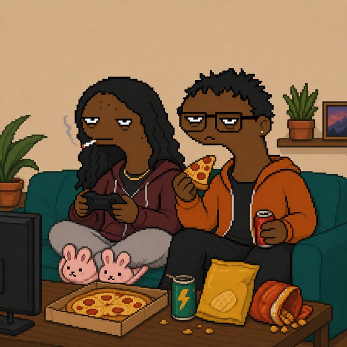 An illustration of two people on a couch - a woman with long hair smoking a cigarette and playing a video game, and a man eating pizza while holding a soda, with snacks like chips and more pizza on the coffee table in front of them.