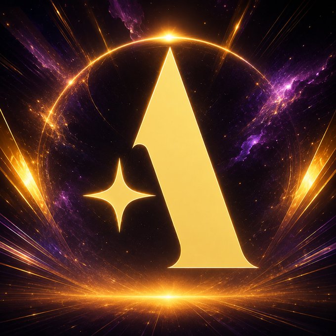 A digital illustration featuring a large, glowing golden letter "A" and a four-pointed star, set against a cosmic background with purple nebulae and radiant golden light streaks.