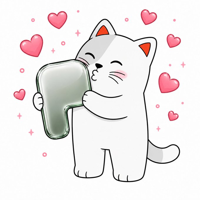 A cute cartoon illustration of a white cat with blushing cheeks happily hugging a shiny silver letter "P," surrounded by floating pink hearts and sparkles.