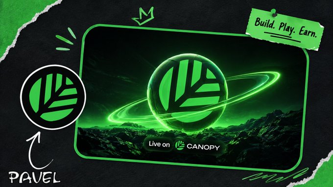 A promotional graphic featuring a green glowing leaf logo encircled by a ring, with text reading 'Live on CANOPY', alongside a larger version of the logo labeled 'PAVEL' and a 'Build. Play. Earn.' sticky note.