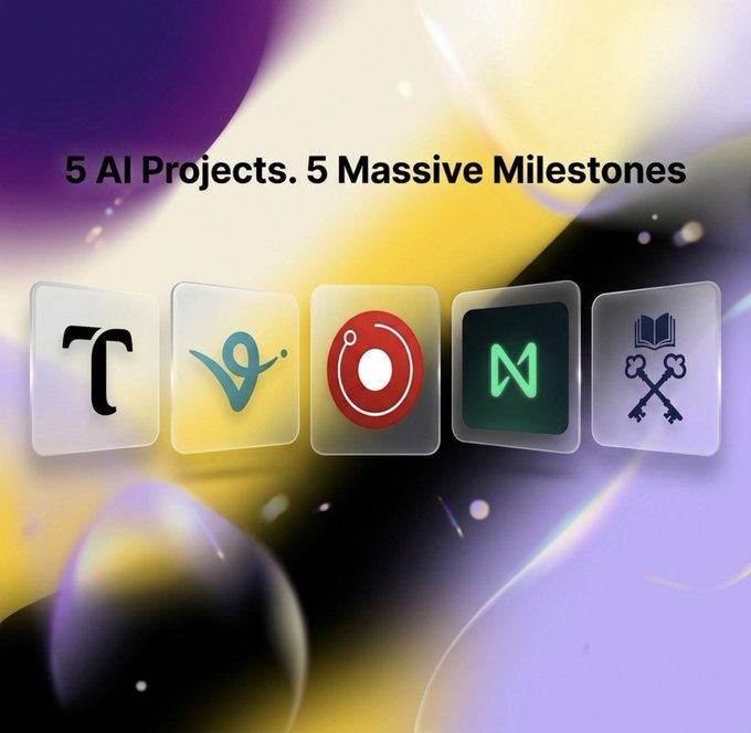 A promotional graphic displays the text '5 AI Projects. 5 Massive Milestones' above five project logos set against a colorful, abstract purple and yellow background.