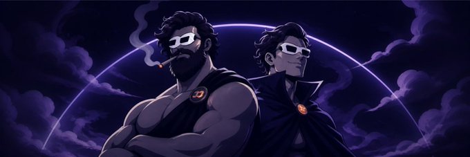 A stylized animated banner featuring two masked, sunglasses-wearing figures in dark cloaks with a glowing purple crescent moon background, with both characters displaying a "GIGAFOMO" logo on their chests to promote the Solana token $GIGAFOMO on Moby.