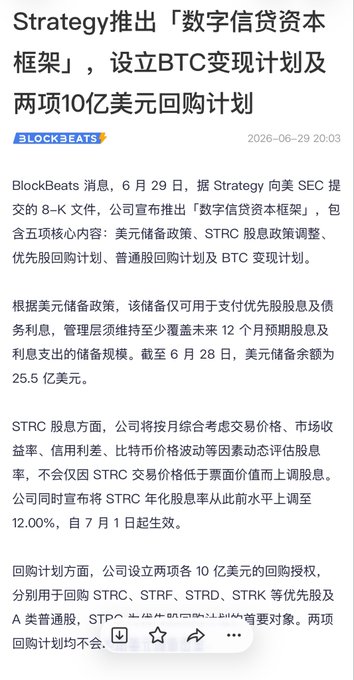 A Chinese-language BlockBeats news article dated 2026-06-29 reports that Strategy announced a 'Digital Credit Capital Framework' including dollar reserves, STRC dividend policy adjustments, and two $1 billion buyback plans plus a BTC conversion program.