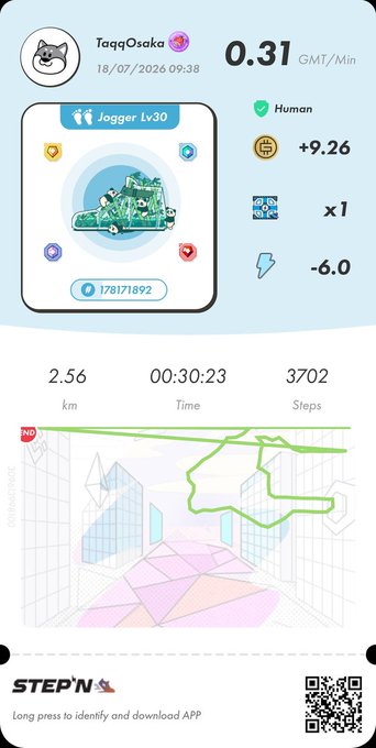 STEP'N app screenshot showing user 'TaqqOsaka' as Jogger Lv30 with GMT earnings of +9.26, displaying 2.56km distance, 00:30:23 time, 3702 steps, and a 0.31 GMT/Min rate on 18/07/2026.