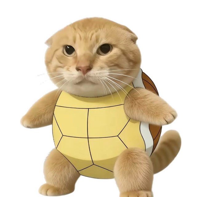 The image features a cartoon cat wearing a turtle shell costume, standing upright with its front paws resting on its head. The cat appears to be posing for the photo, giving off an impression of being a meme or a popular internet sensation. The caption accompanying the image provides context about the creator and the inspiration behind the image.