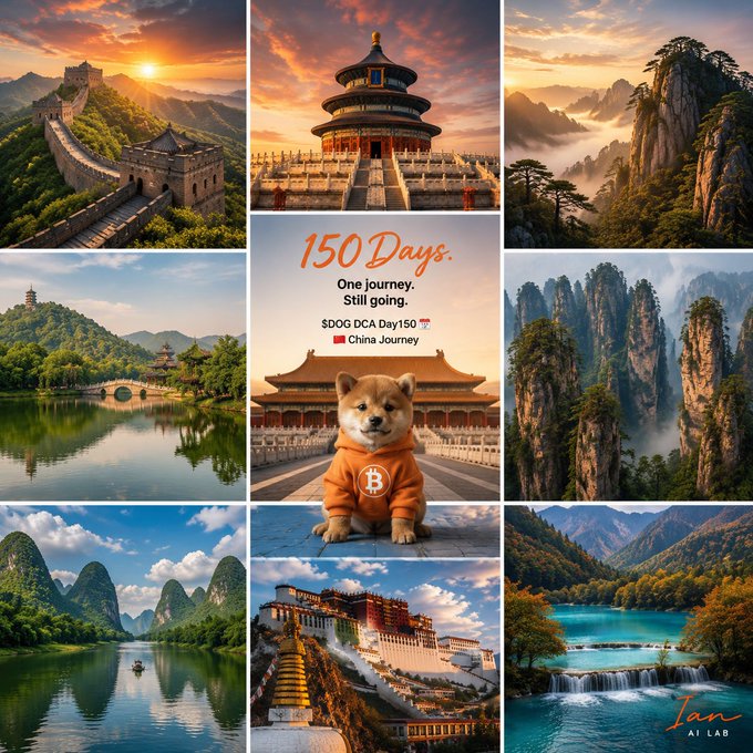 This Instagram post celebrates Day 150 of a $DOG DCA journey through China, featuring a Shiba Inu dog mascot in an orange Bitcoin hoodie centered among iconic Chinese landmarks, including the Great Wall, Temple of Heaven, Zhangjiajie pillars, Guilin karsts, the Potala Palace, and Jiuzhaigou's blue lakes.

The text reads: "150 Days. One journey. Still going. $DOG DCA Day150 🇨🇳 🇨🇳 China Journey."