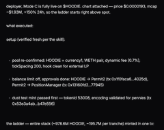 A terminal window displays a deployed skill on Mode C3 that limits deposits to $HOODIE at the price range $0.00007893–$0.00007893 with 24-hour trailing volatility, setting up hooks to deploy 978.184M HOODIE across five tranches within the $2M–$5M mcap band.