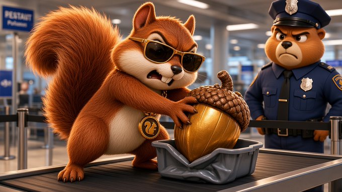 An illustration depicts an angry squirrel wearing sunglasses and a gold chain, gripping a giant golden acorn on an airport security conveyor belt while a stern bear security officer watches.