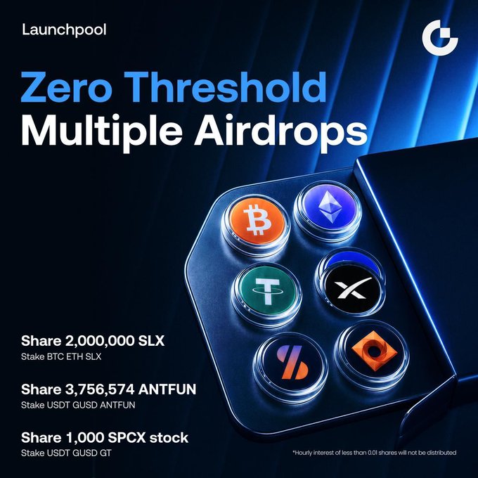 This image promotes Launchpool's "Zero Threshold Multiple Airdrops" featuring token and stock rewards, including 2,000,000 $SLX, 3,756,574 $ANTFUN, and 1,000 $SPCX stock. The visual displays icons for Bitcoin, Ethereum, Tether, SpaceX, and other crypto assets, reflecting the staking options and rewards mentioned in the accompanying post.
