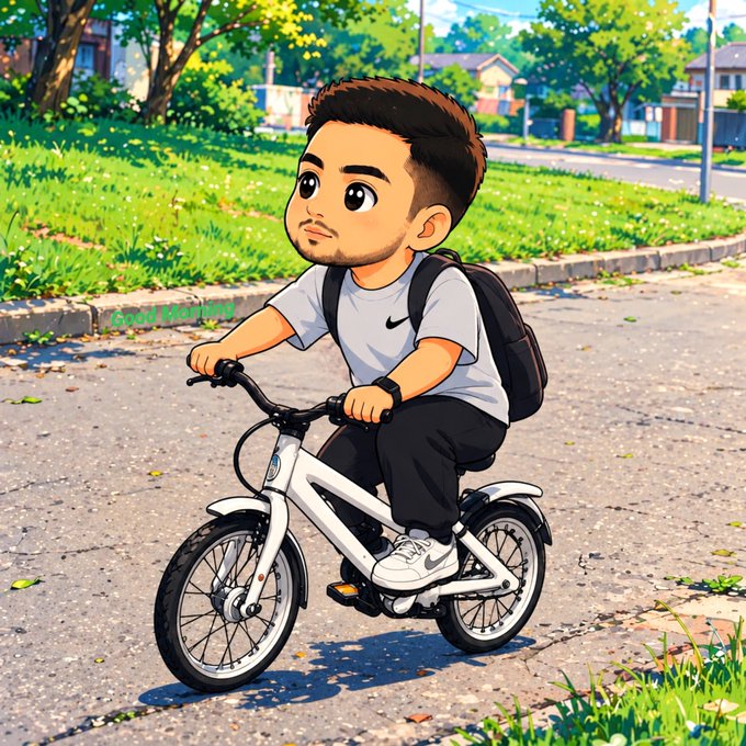 A cartoon-style illustration of a young man with a backpack riding a small white electric bike on a paved path in a sunny suburban setting.