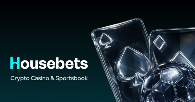Promotional banner for 'Housebets Crypto Casino & Sportsbook' featuring stylized playing cards and a soccer ball against a dark background.
