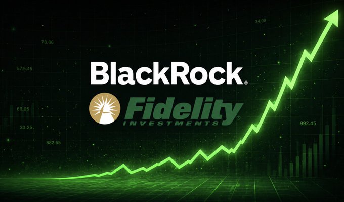 The image features the BlackRock and Fidelity Investments logos set against a dark background with an upward-trending green chart and arrow, visually reinforcing the post's message about both firms making significant purchases of Bitcoin ($127.6 million) and Ethereum ($87.5 million) to buy the dip.