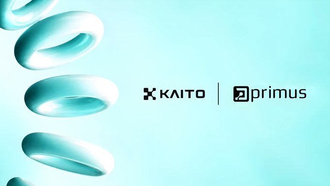 A teal/cyan colored promotional graphic featuring floating ring shapes and two logos: KAITO and primus.