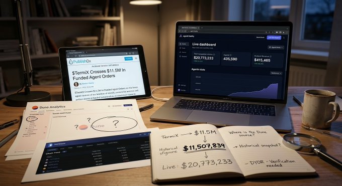 A desk setup showing a tablet displaying a Publer article 'TermiX Crosses $11.5M in Funded Agent Orders' and a laptop showing a live dashboard with figures like $20,773,233 and 435,590, accompanied by handwritten notes and printed analytics.