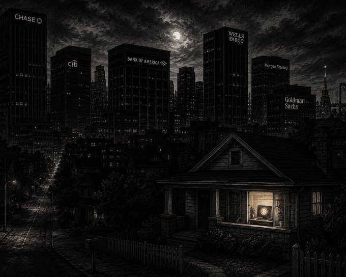 A lone illuminated window glows in a small suburban cottage, while the towering skyscrapers of major financial institutions—Chase, Citi, Bank of America, Wells Fargo, Morgan Stanley, and Goldman Sachs—loom ominously in the dark cityscape behind, their lights never dimming under the moonlit sky. The image visually reinforces the post's message "Some lights never go out," suggesting the relentless, 24/7 vigilance of Wall Street that watches over ordinary lives even in the deepest night.