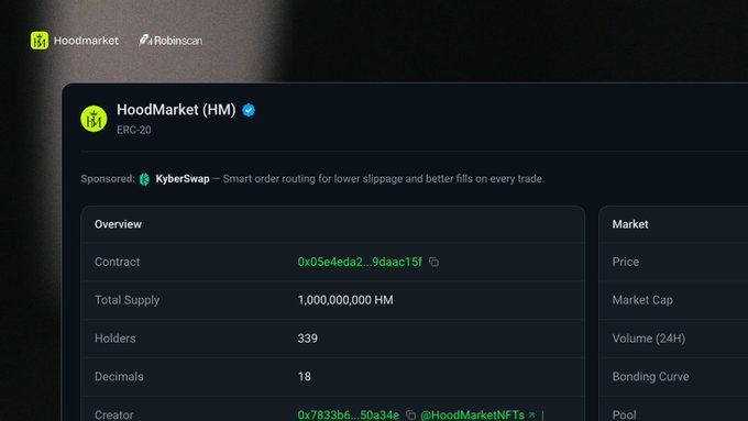 A dark-themed webpage showing information for the HoodMarket (HM) ERC-20 token, including a contract address (0x05e4eda2...9daac15f), total supply of 1,000,000,000 HM, and 339 holders, sponsored by KyberSwap.