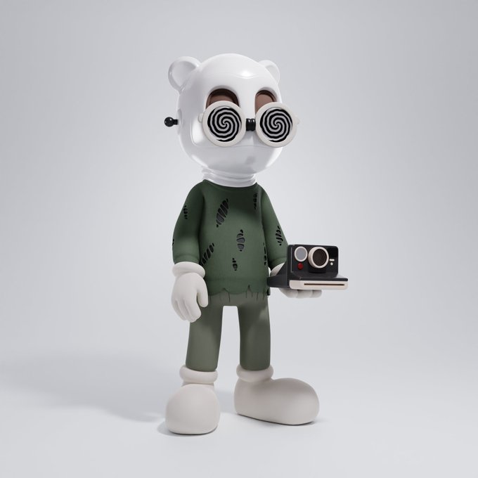 A 3D-rendered figurine with a white bear-like head and hypnotic spiral glasses, wearing a green patched sweater, holds a Polaroid camera.