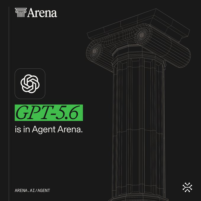 The image is a black promotional graphic featuring a wireframe rendering of a classical Ionic column on the right, with the "Arena" logo in the top-left corner and a green banner displaying "GPT-5.6" alongside the OpenAI logo, with the text "is in Agent Arena" below it, visually announcing the addition of OpenAI's GPT-5.6 to the Agent Arena platform.