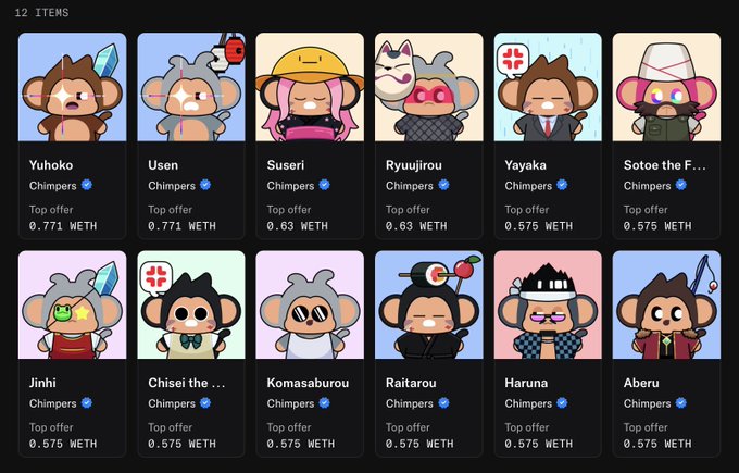 The image displays a collection of 12 NFT "Chimpers" character listings, including Yuhoko, Usen, Suseri, Ryuujirou, Yayaka, Sotoe the F..., Jinhi, Chisei the..., Komasaburou, Raitarou, Haruna, and Aberu, with top offers ranging from 0.575 to 0.771 WETH. The listings visually support the post's playful relief about owning Chimpers, showing the owner's reassuring collection of these primate NFTs.