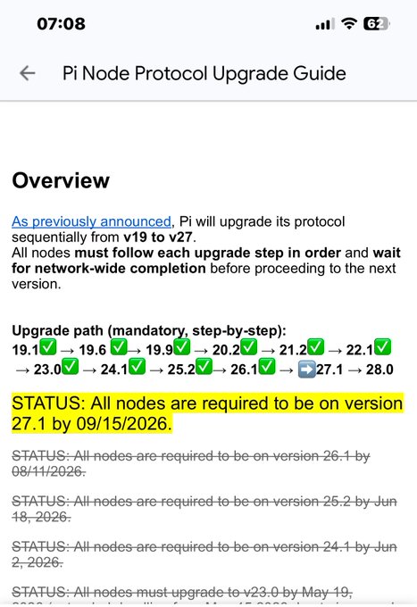 A mobile screenshot of a 'Pi Node Protocol Upgrade Guide' showing a mandatory step-by-step upgrade path from v19 to v28, with a highlighted status that all nodes must be on version 27.1 by 09/15/2026.