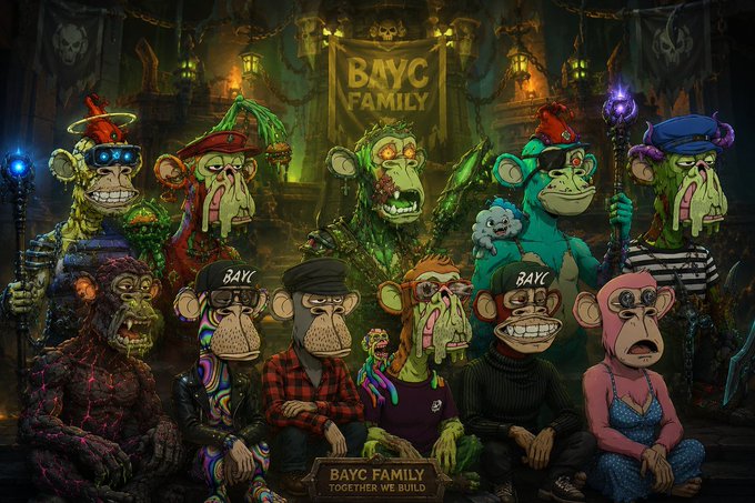 The image features a group of cartoon monkeys sitting together, with some holding bats or other objects. The text "BAYC Family" is written above them, indicating that they are part of the Bayc community. The post also mentions that the community is united and becoming stronger as more people follow their lead.