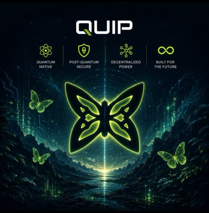 A promotional graphic for 'QUIP' featuring a glowing green butterfly logo with four features listed: 'QUANTUM NATIVE', 'POST-QUANTUM SECURE', 'DECENTRALIZED POWER', and 'BUILT FOR THE FUTURE'.