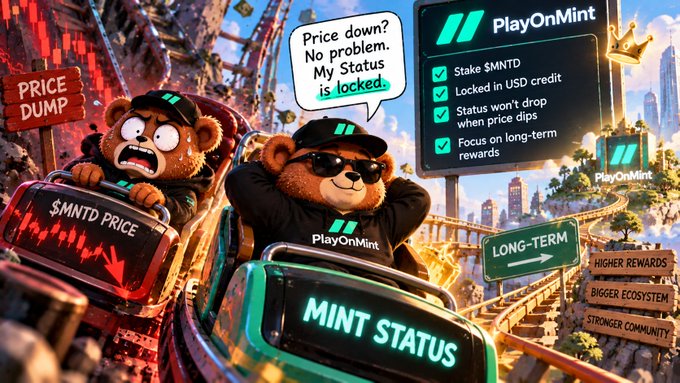 An animated advertisement featuring two bears in rollercoaster cars for 'PlayOnMint', with a speech bubble saying 'Price down? No problem. My Status is locked' and features like 'Stake $MNTD' and 'Locked in USD credit'.