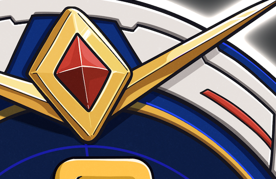 A detailed illustration of a Transformers-style Autobot insignia, featuring a gold-outlined silver faceplate with a central red faceted gem set against a blue and white mechanical background.
