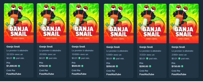 The image displays six tiers of "Ganja Snail" challenge cards from Stake.com, each offering increasing rewards ranging from 33.33× to 5000× payouts, with prices starting at $0.01 per minute and reaching up to $1,000.00. The cards feature a cartoon snail graphic and promote a weekly bonus campaign where users can retweet to win $100 in tips for playing the game.