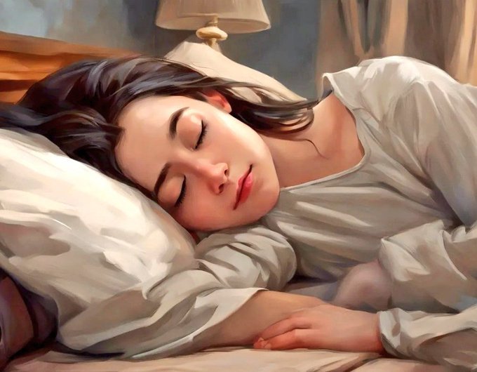 The image depicts a woman sleeping peacefully, lying down on her bed with her head resting on a pillow. The painting captures the serene moment of relaxation and tranquility that one might associate with sleep. The artist has chosen to focus on simplicity, using only basic colors and shapes to convey the essence of the scene. This minimalist approach allows viewers to appreciate the beauty in everyday moments without any distractions or complexities.