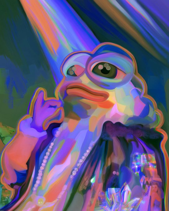 A vibrant, psychedelic digital painting of an anthropomorphic frog-like character wearing glasses and pearls, surrounded by purple and rainbow-colored light rays.