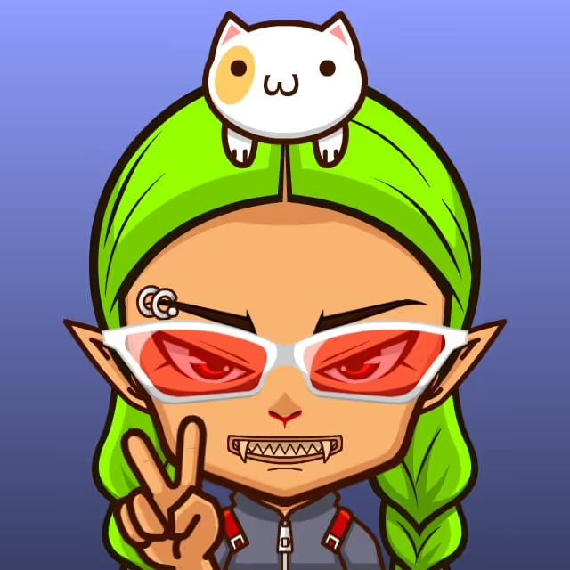 A cartoon-style illustration of an angry elf-like character with green hair, red sunglasses, sharp teeth, and a small white cat resting on their head, making a peace sign.