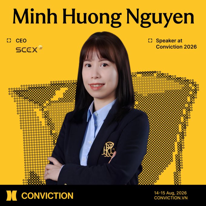 A promotional speaker card with a yellow background featuring 'Minh Huong Nguyen', CEO of SCEX, speaking at 'CONVICTION' on '14-15 Aug, 2026', with a halftone dot pattern design.