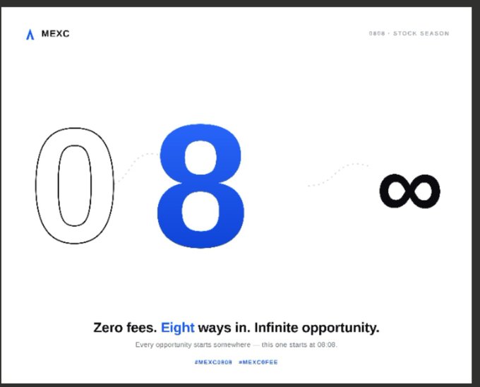 MFXC promotional graphic displaying '08' with an infinity symbol, reading 'Zero fees. Eight ways in. Infinite opportunity.'