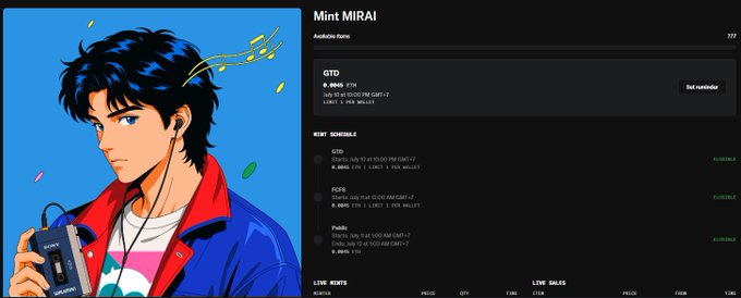 A retro 80s anime-style illustration of a young man with a Walkman and headphones on a blue background, displayed alongside what appears to be a music ranking interface for the track "Mint MIRAI" by GTD with entries for GTD, FGTN, and PoBo in the Mint Schedule.
