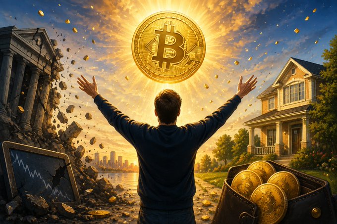 A man stands with arms raised toward a glowing Bitcoin symbol as a crumbling exchange ruins on one side gives way to a dream home and overflowing chest of gold Bitcoin coins on the other, visually capturing the dramatic 61 BTC recovery journey from exchange collapse to sudden billionaire status.