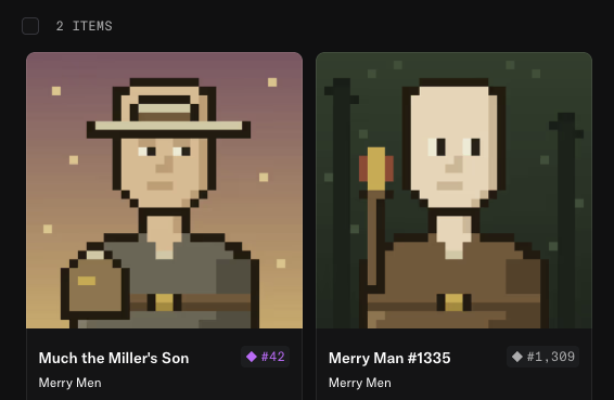 A detail view of two selected Merry Men NFTs, 'Much the Miller's Son #42' and 'Merry Man #1335', priced at #42 and #1,309 respectively.