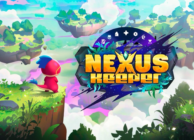 Game title graphic for 'NEXUS KEEPER' featuring a red hooded character with a blue cape standing on a floating island in a colorful fantasy world.