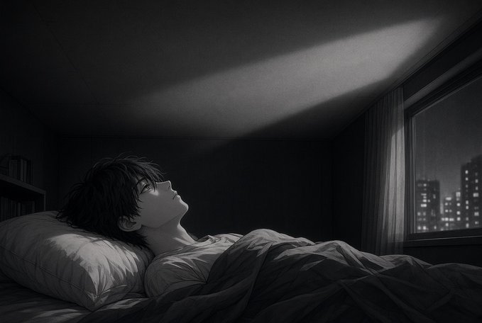 A black and white anime-style illustration of a young person lying in bed at night, looking up towards a window with a glowing city skyline visible outside.