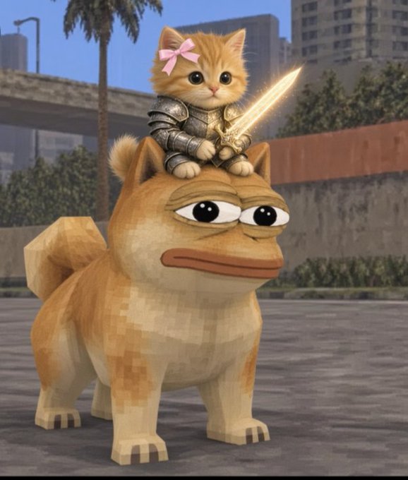 A digital artwork shows a small orange kitten with a pink bow wearing knight armor and holding a glowing sword, sitting atop a low-poly dog character in a city environment resembling GTA San Andreas.