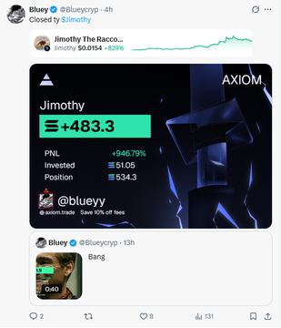 A tweet from Bluey (@Blueycrp) showcasing a closed long position on Jimothy ($JIMOTHY) via AXIOM, showing +483.3 PnL (+946.79%) with $1.05 invested for a $534.30 profit.